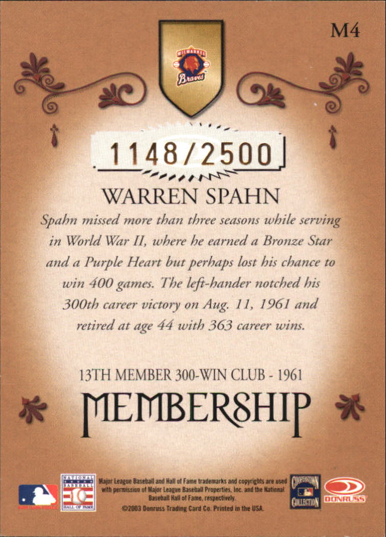2003 Donruss Classics Membership #4 Warren Spahn back image