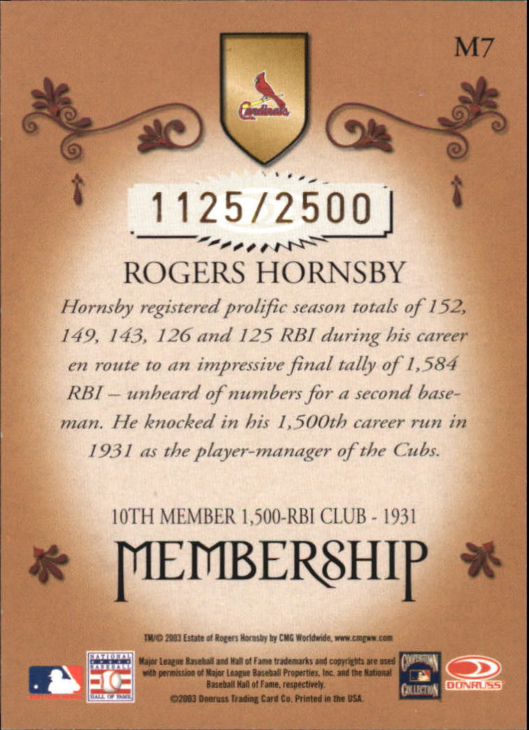 2003 Donruss Classics Membership #7 Rogers Hornsby back image