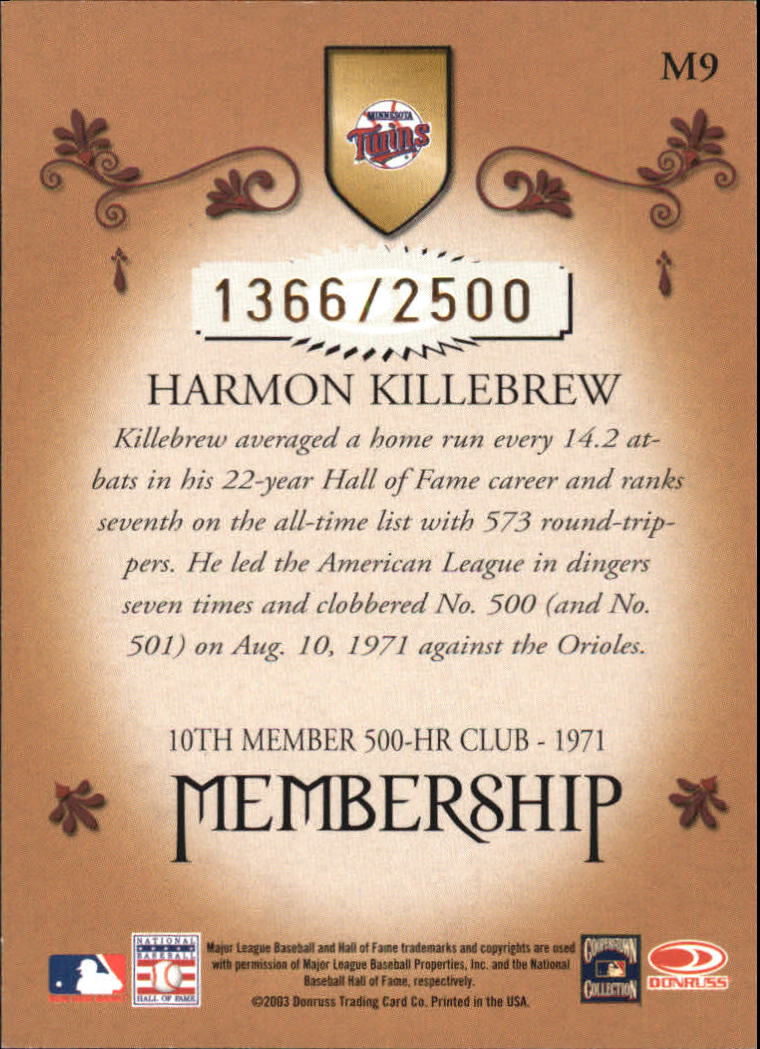 2003 Donruss Classics Membership #9 Harmon Killebrew back image