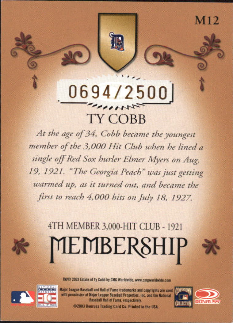 2003 Donruss Classics Membership #12 Ty Cobb back image
