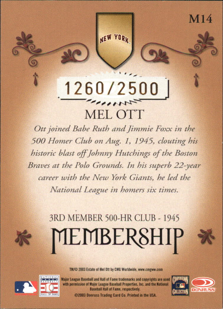 2003 Donruss Classics Membership #14 Mel Ott back image
