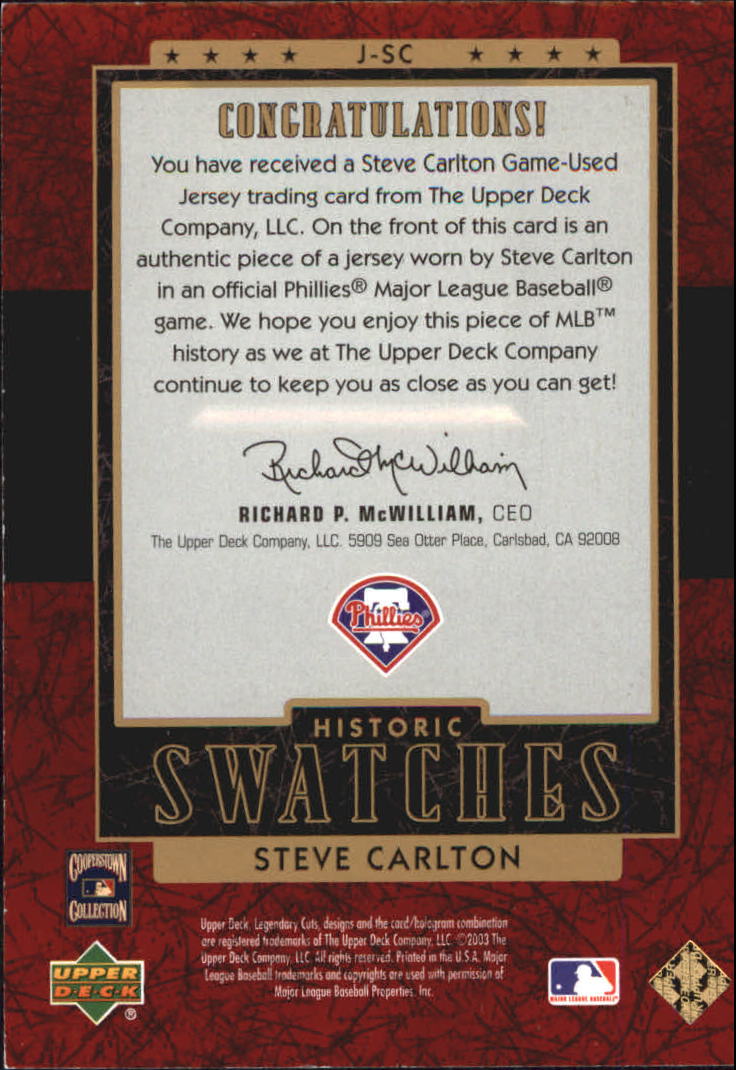 2003 SP Legendary Cuts Historic Swatches #SC Steve Carlton Jsy/350 back image