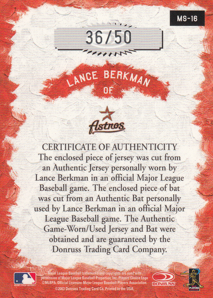 2003 Studio Masterstrokes Proofs #16 Lance Berkman Bat-Jsy back image