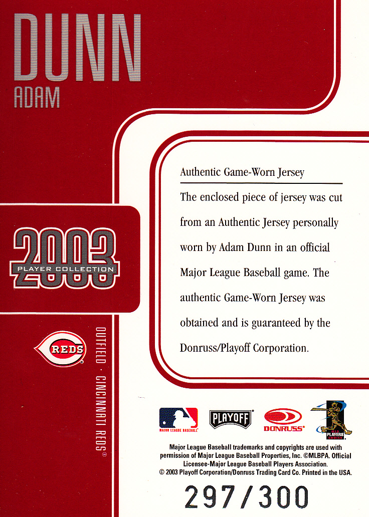 2003 Studio Player Collection #22 Adam Dunn Jsy back image