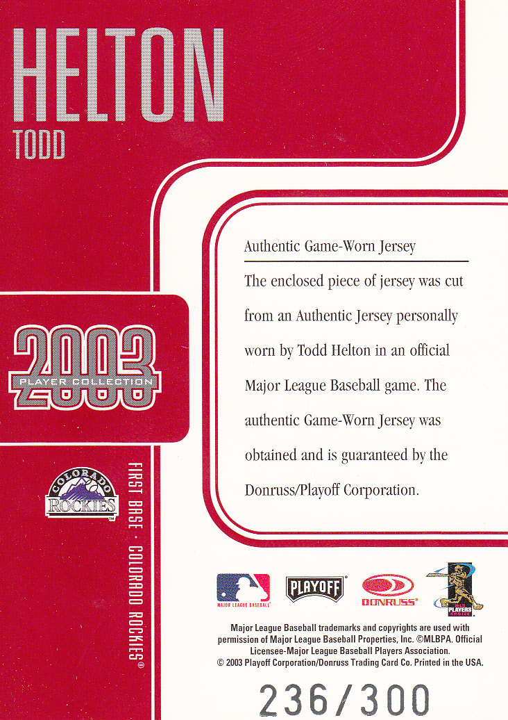 2003 Studio Player Collection #40 Todd Helton Jsy back image