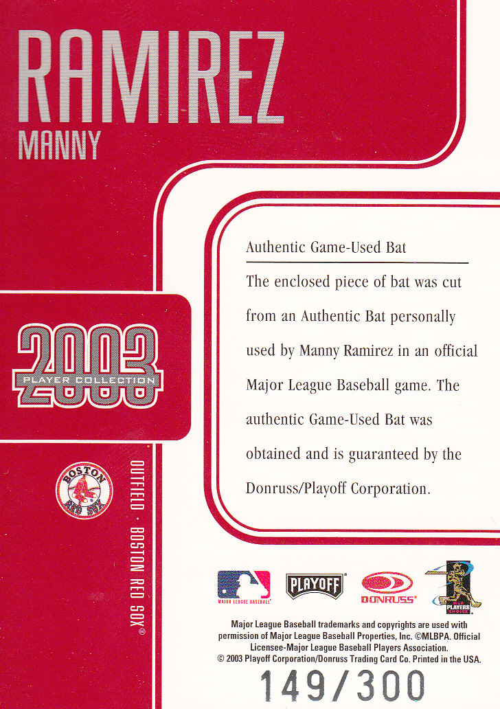 2003 Studio Player Collection #72 Manny Ramirez Bat back image