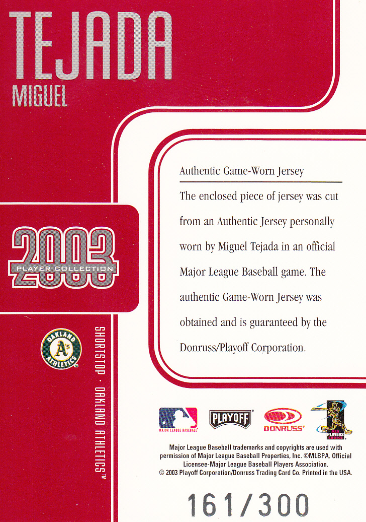 2003 Studio Player Collection #89 Miguel Tejada Jsy back image