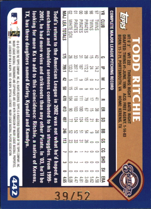 2003 Topps Black #442 Todd Ritchie back image