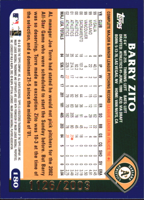 2003 Topps Gold #180 Barry Zito back image