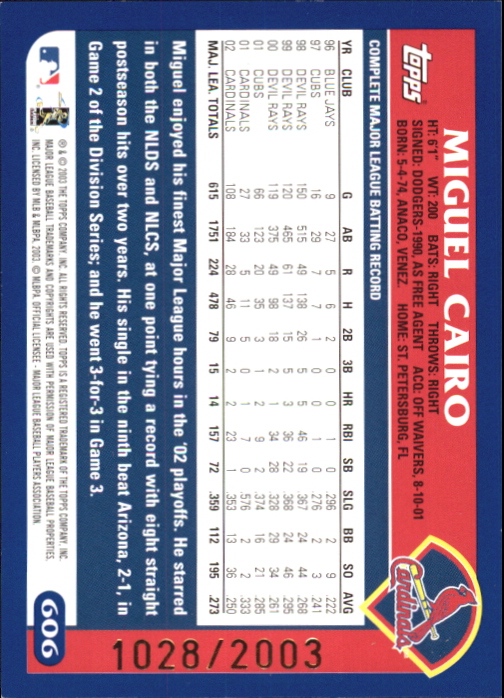 2003 Topps Gold #606 Miguel Cairo back image