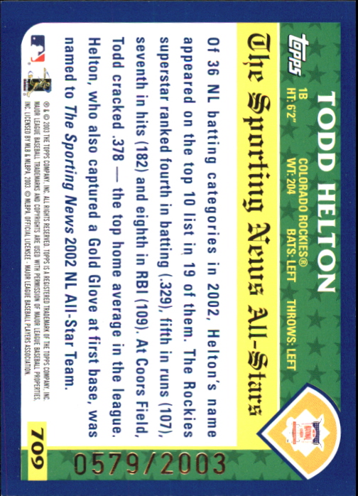 2003 Topps Gold #709 Todd Helton AS back image