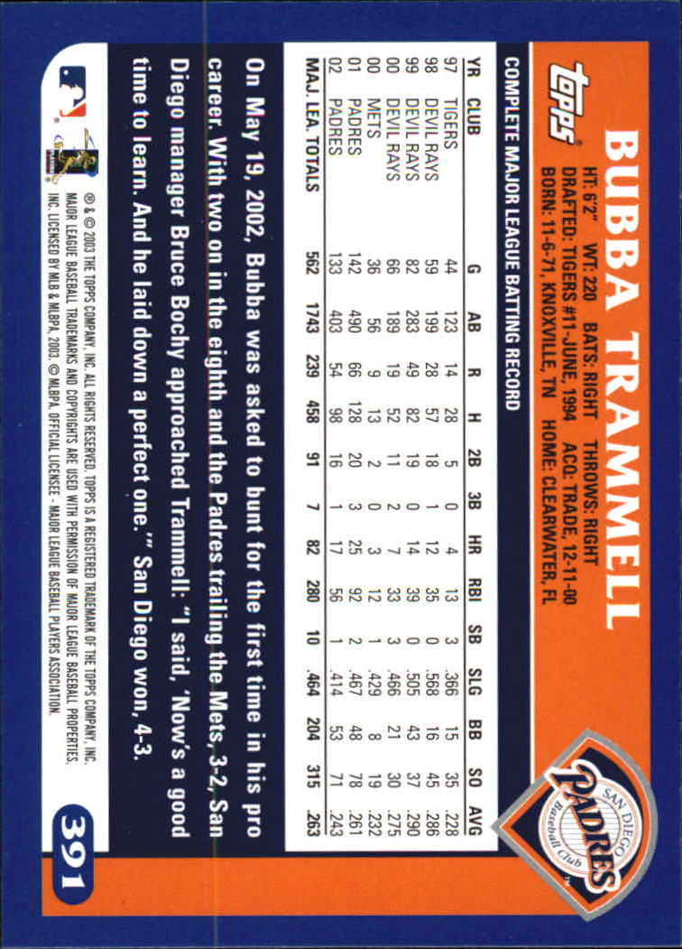 2003 Topps Home Team Advantage #391 Bubba Trammell back image