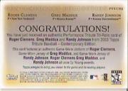 2003 Topps Tribute Contemporary Performance Triple Relics #CMJ Roger Clemens Uni/Greg Maddux Jsy/Randy Johnson Jsy back image