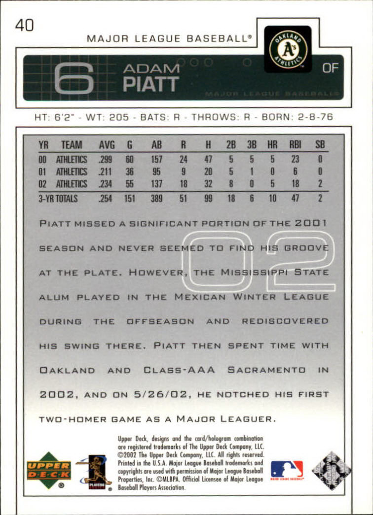 2003 Upper Deck #40 Adam Piatt back image