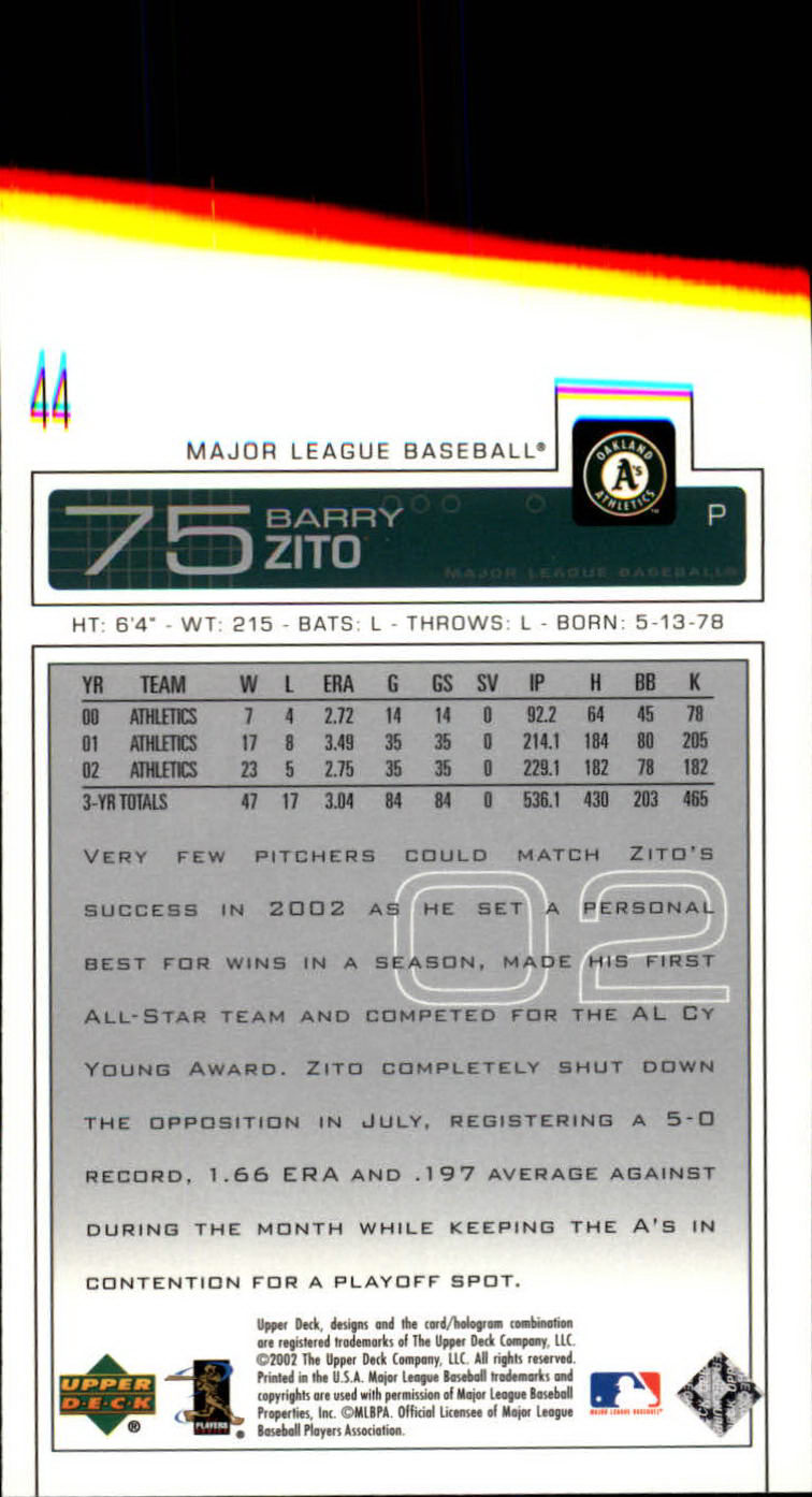 2003 Upper Deck #44 Barry Zito back image