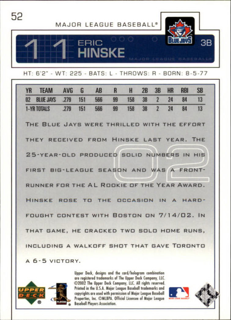 2003 Upper Deck #52 Eric Hinske back image