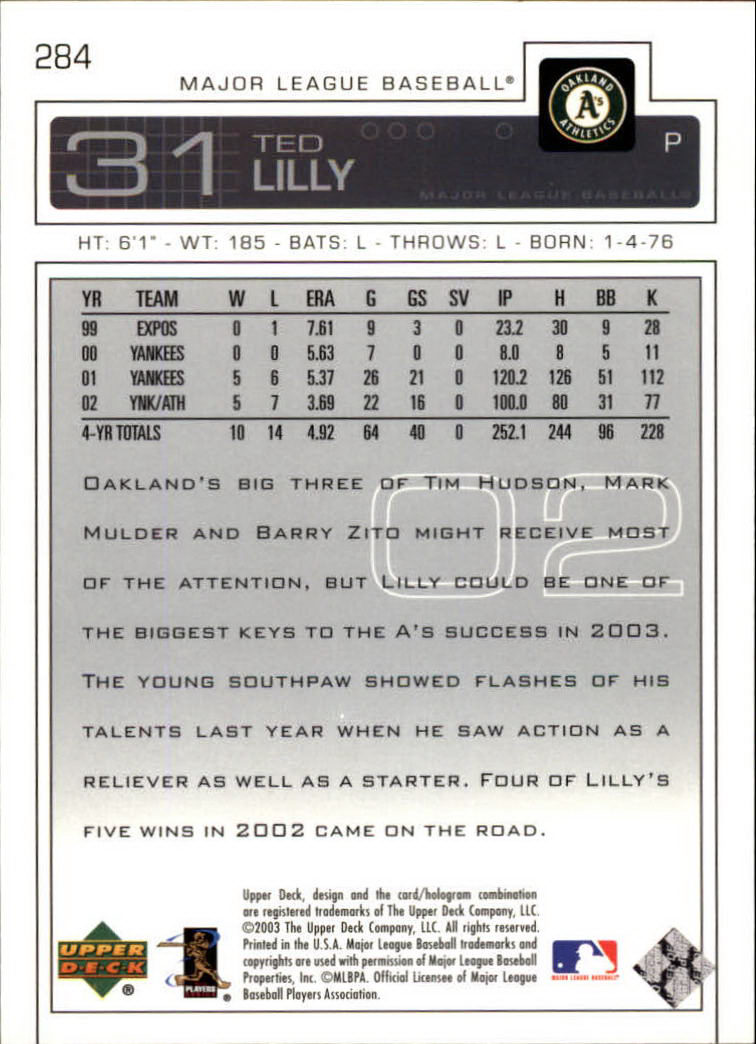 2003 Upper Deck #284 Ted Lilly back image