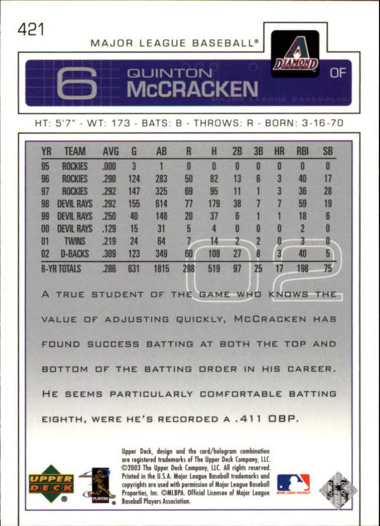 2003 Upper Deck #421 Quinton McCracken back image