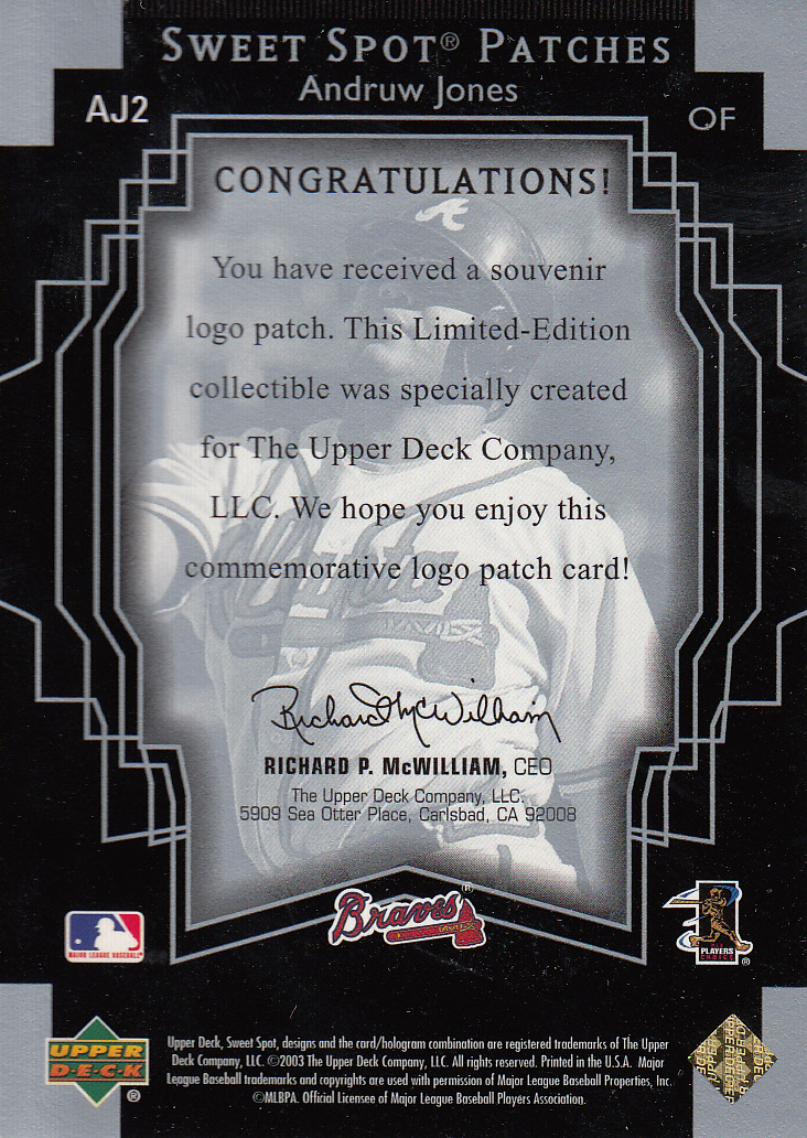 2003 Sweet Spot Patches 75 #AJ2 Andruw Jones back image