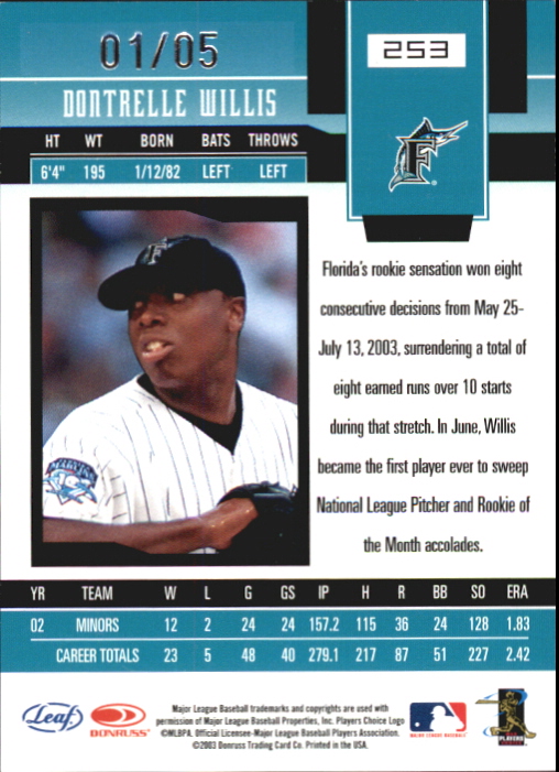 2003 Leaf Certified Materials Mirror Emerald #253 Dontrelle Willis NG back image