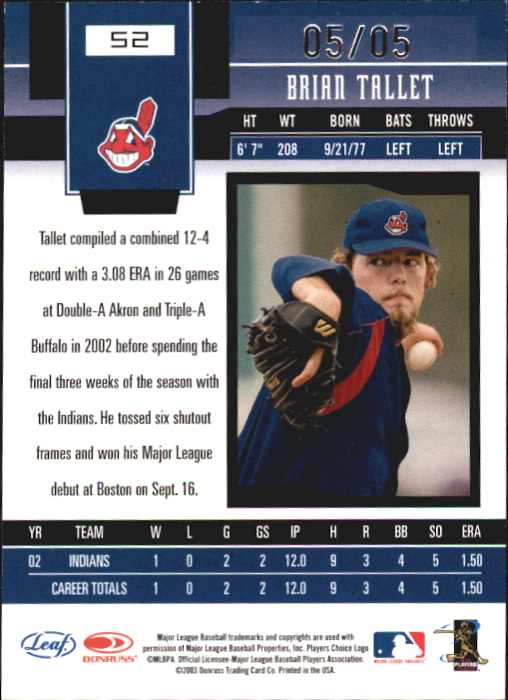 2003 Leaf Certified Materials Mirror Emerald Autographs #52 Brian Tallet back image