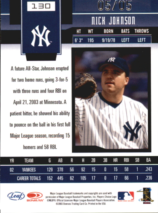 2003 Leaf Certified Materials Mirror Emerald Autographs #130 Nick Johnson back image