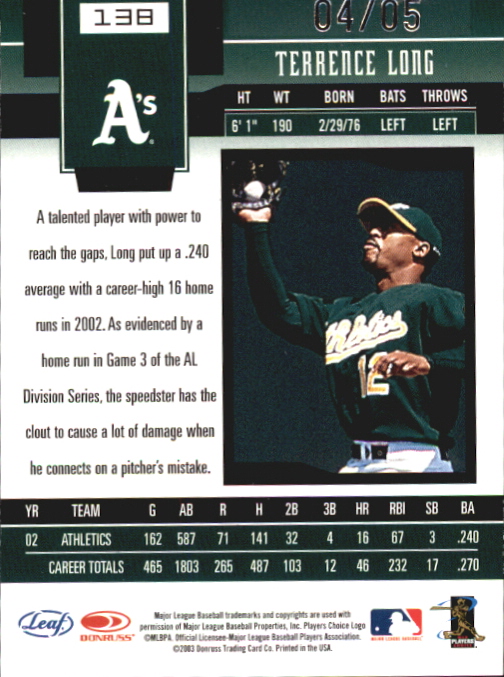 2003 Leaf Certified Materials Mirror Emerald Autographs #138 Terrence Long back image