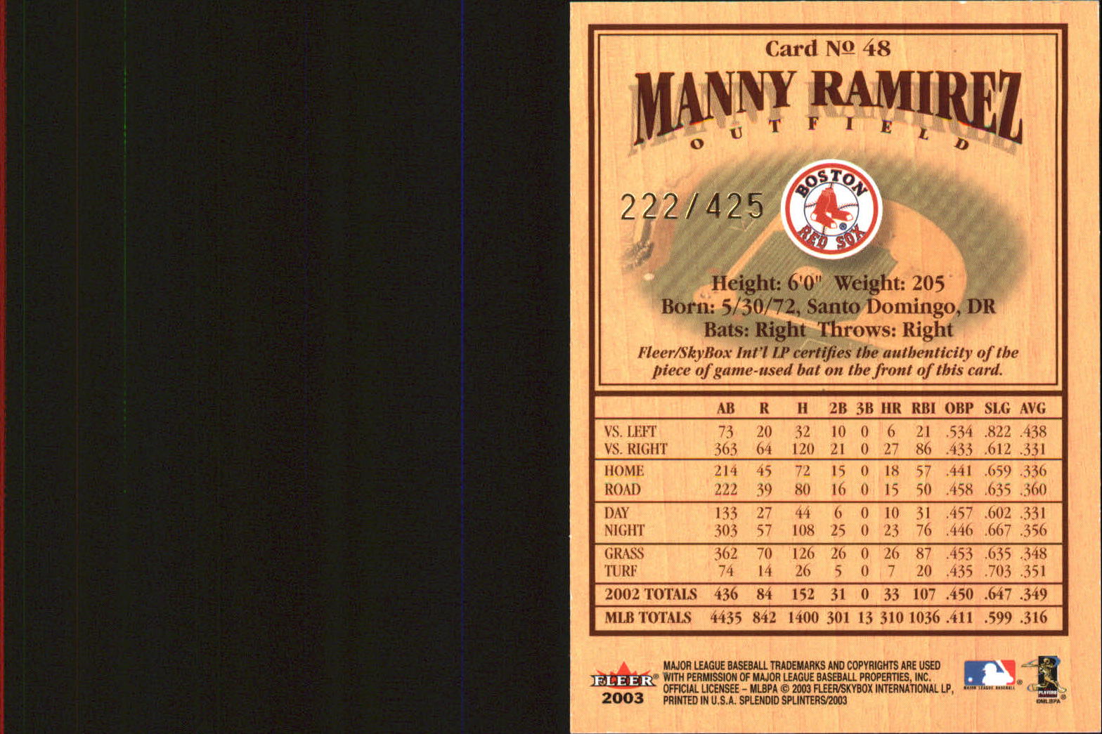 2003 Fleer Splendid Splinters Bat Chips #48 Manny Ramirez back image