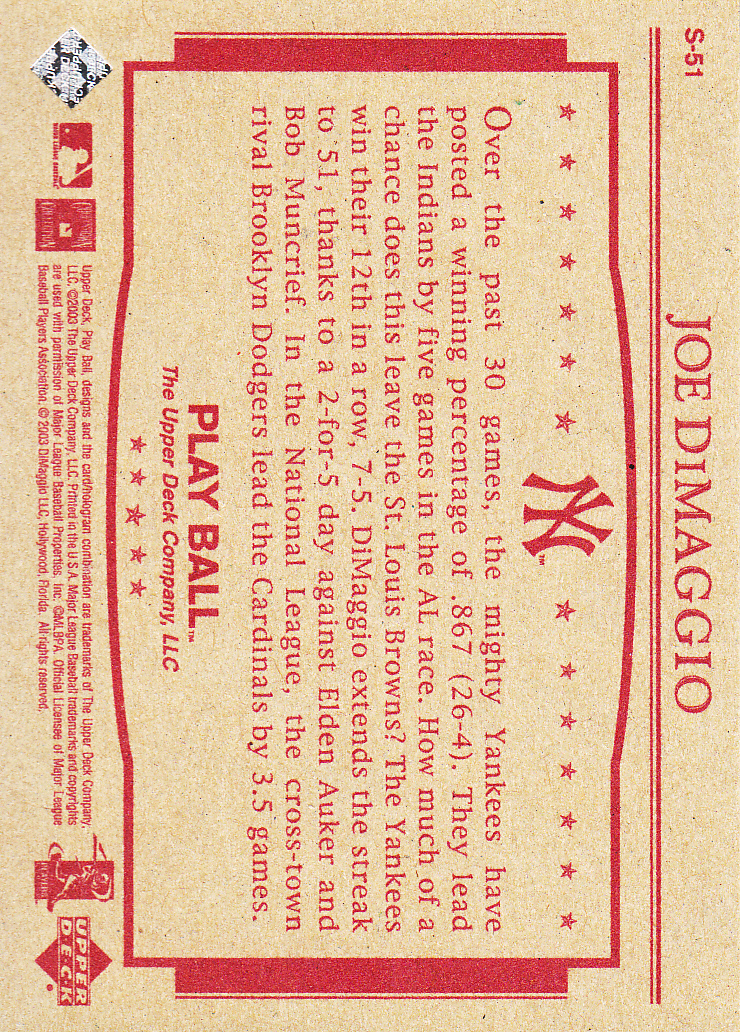 2003 Upper Deck Play Ball Yankee Clipper 1941 Streak #S51 Joe DiMaggio SI back image