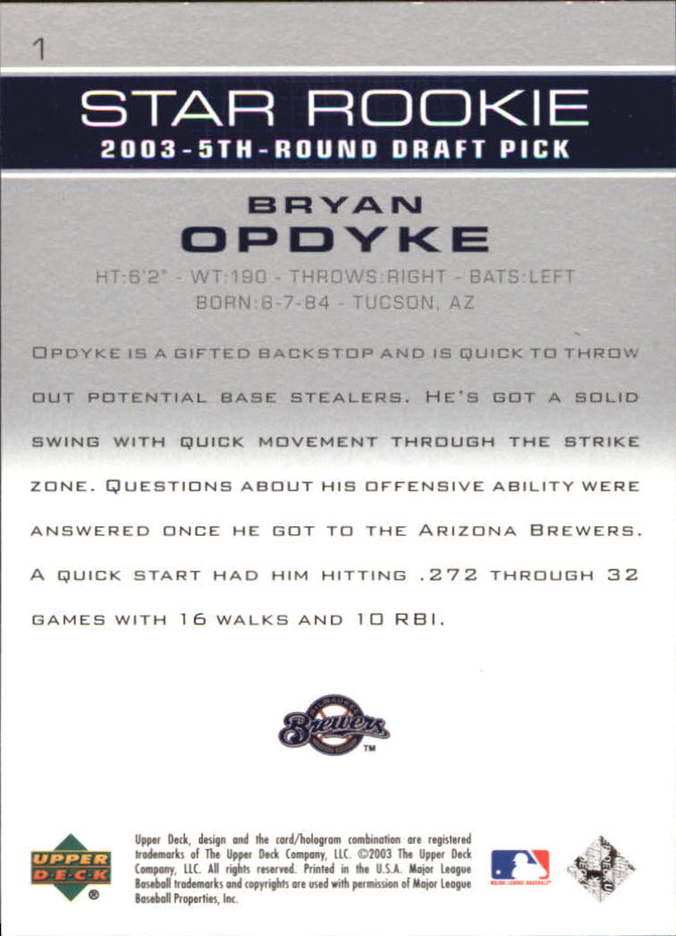 2003 Upper Deck Prospect Premieres #1 Bryan Opdyke XRC back image