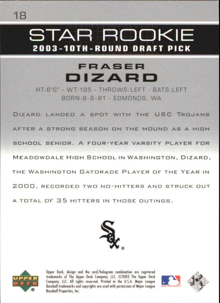2003 Upper Deck Prospect Premieres #18 Fraser Dizard XRC back image