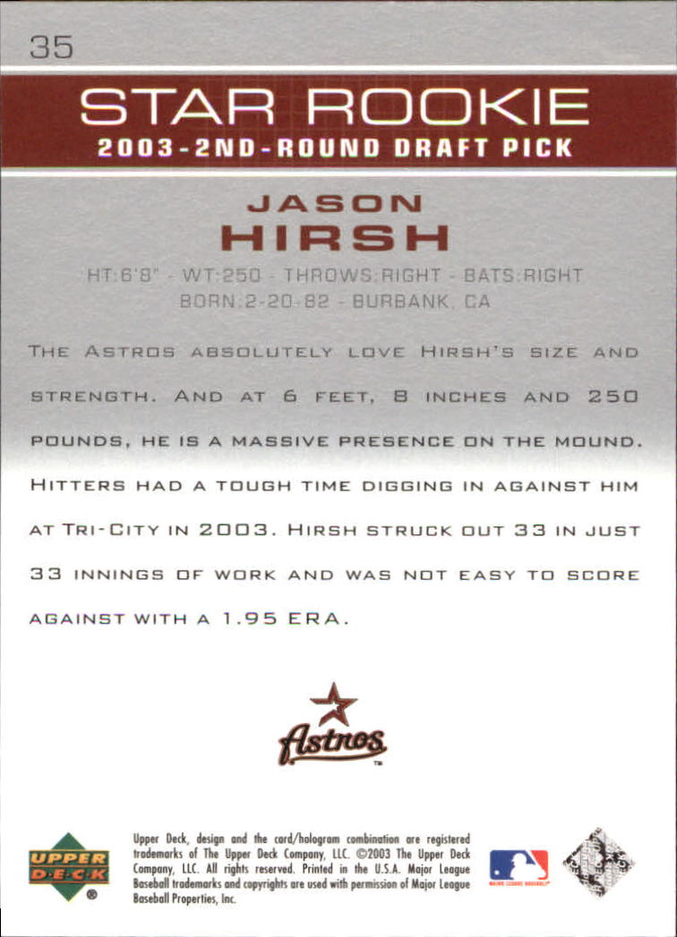 2003 Upper Deck Prospect Premieres #35 Jason Hirsh XRC back image
