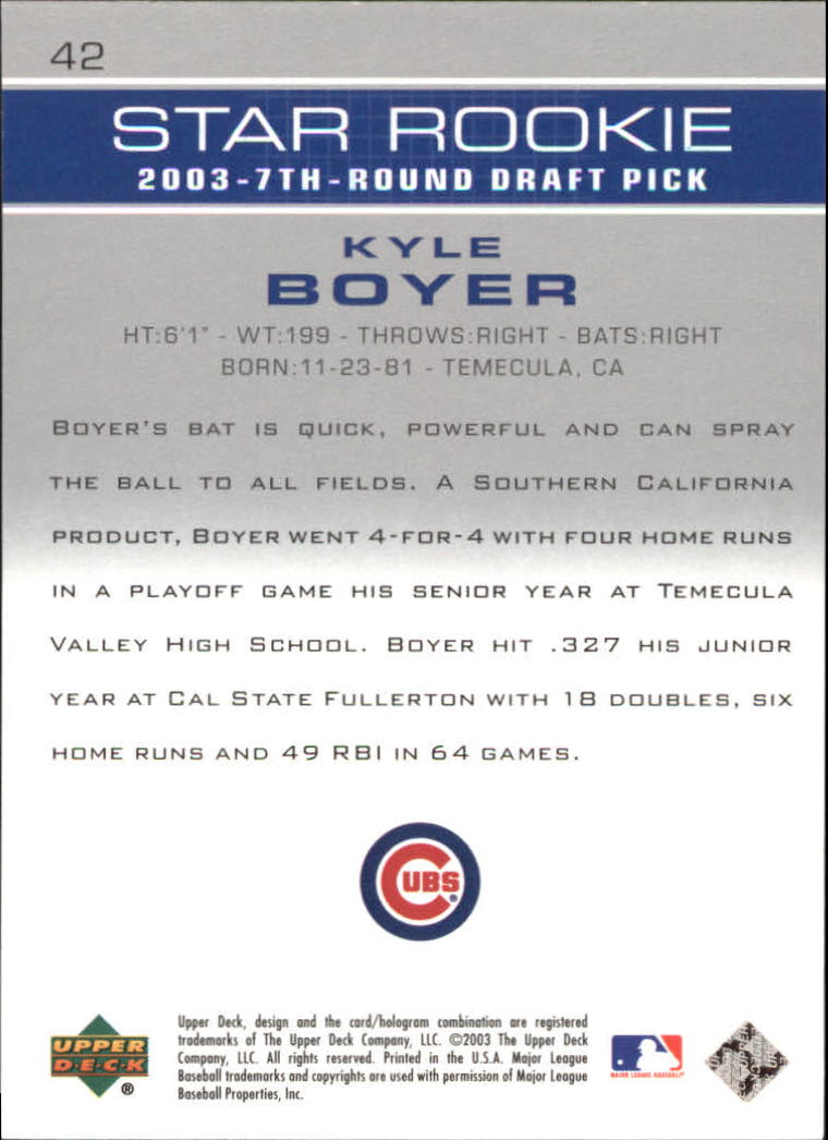2003 Upper Deck Prospect Premieres #42 Kyle Boyer XRC back image