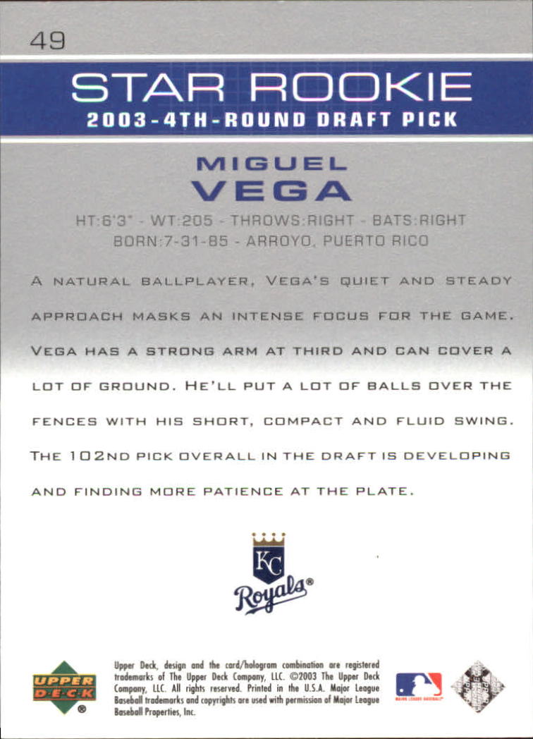 2003 Upper Deck Prospect Premieres #49 Miguel Vega XRC back image