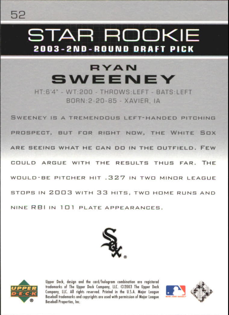2003 Upper Deck Prospect Premieres #52 Ryan Sweeney XRC back image
