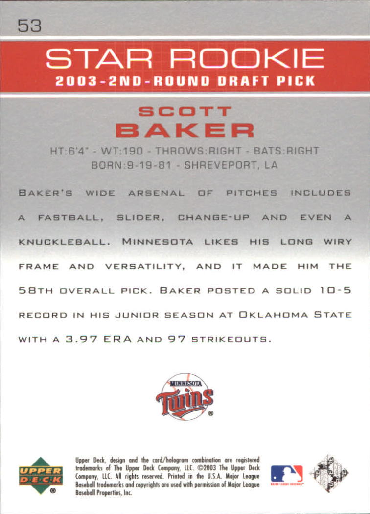 2003 Upper Deck Prospect Premieres #53 Scott Baker XRC back image