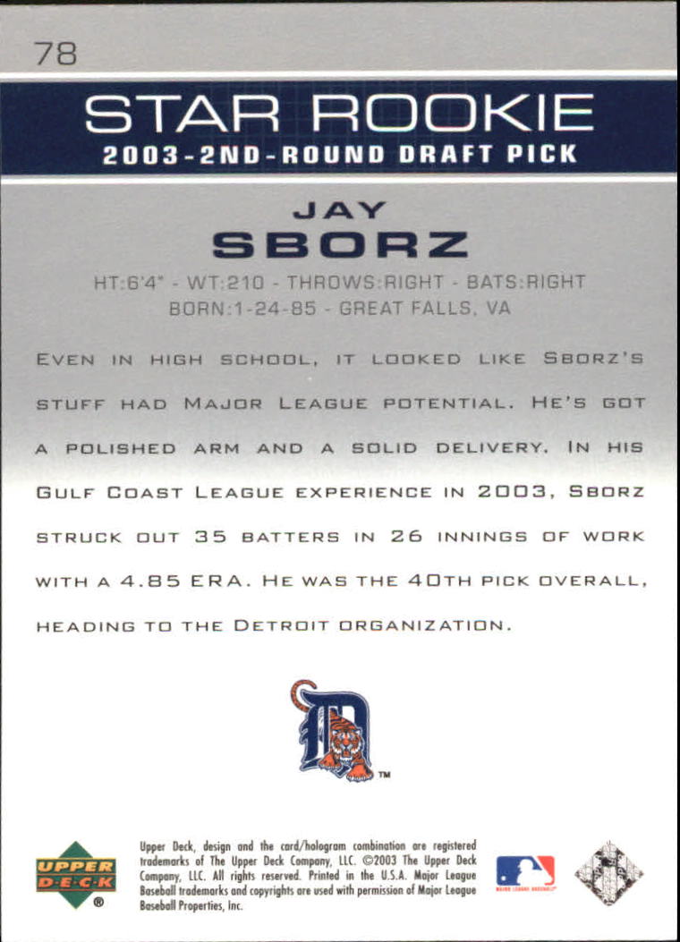 2003 Upper Deck Prospect Premieres #78 Jay Sborz XRC back image