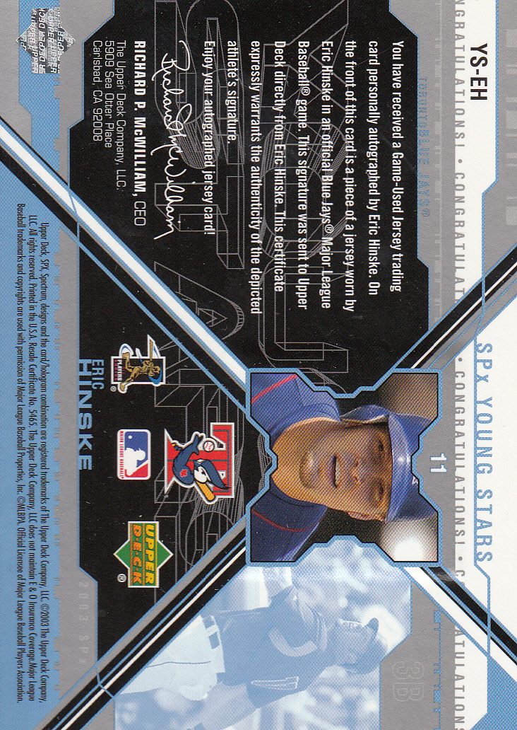 2003 SPx Young Stars Autograph Jersey #EH Eric Hinske/1295 back image