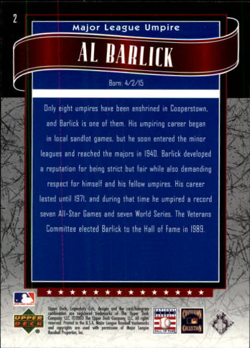 2003 SP Legendary Cuts #2 Al Barlick back image