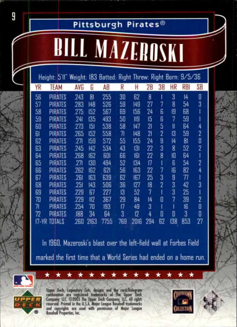 2003 SP Legendary Cuts #9 Bill Mazeroski back image