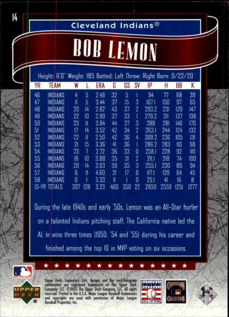 2003 SP Legendary Cuts #14 Bob Lemon back image
