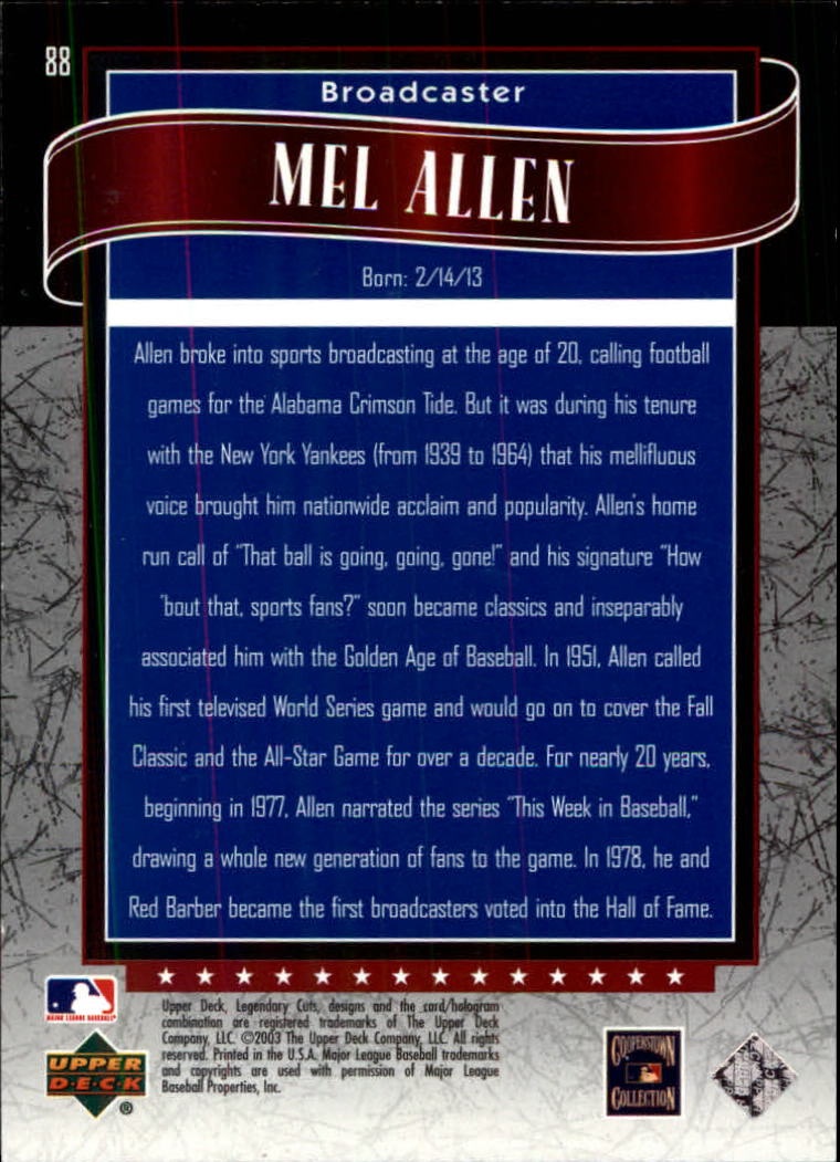 2003 SP Legendary Cuts #88 Mel Allen/1299 back image