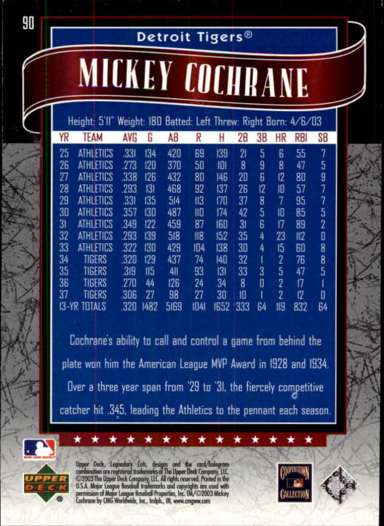 2003 SP Legendary Cuts #90 Mickey Cochrane back image