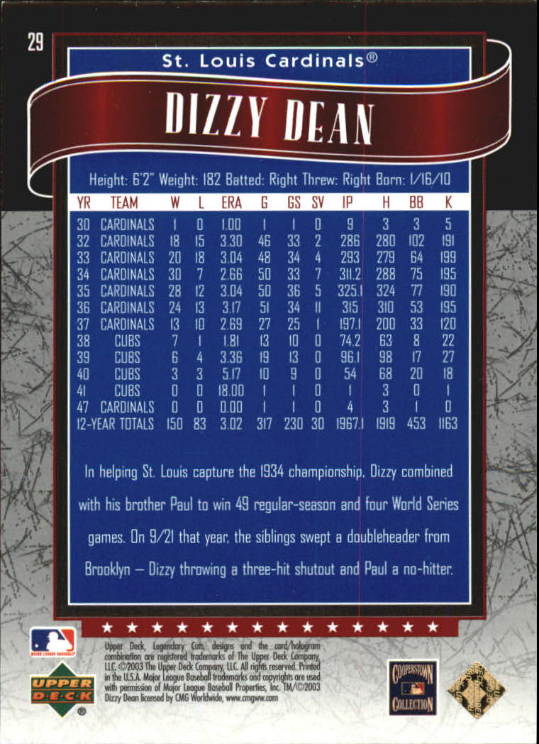 2003 SP Legendary Cuts Blue #29 Dizzy Dean back image