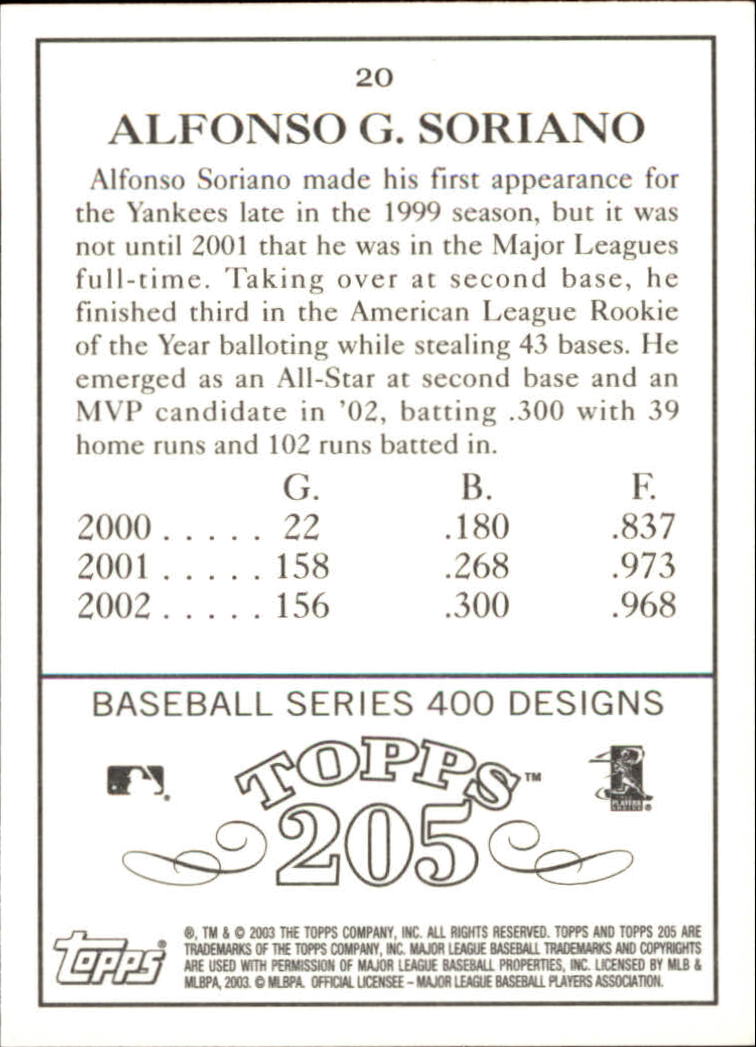 2003 Topps 205 #20A Alfonso Soriano w/Bat back image