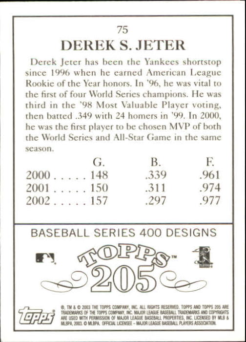 2003 Topps 205 #75A Derek Jeter w/Gold Trim back image