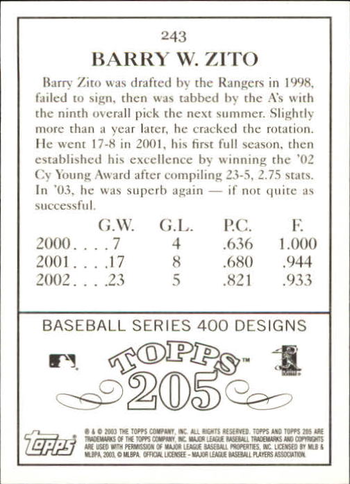 2003 Topps 205 #243A Barry Zito Blue back image