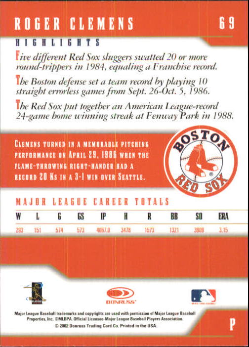 2003 Donruss Team Heroes #69 Roger Clemens Red Sox back image