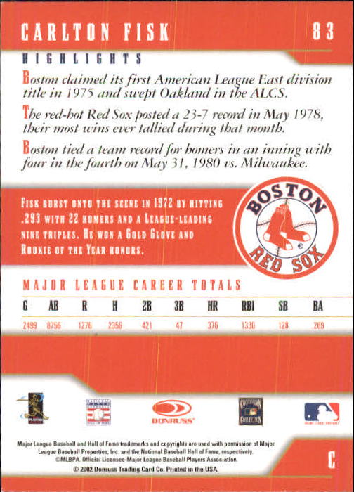 2003 Donruss Team Heroes #83 Carlton Fisk Red Sox back image
