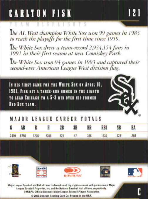2003 Donruss Team Heroes #121 Carlton Fisk White Sox back image